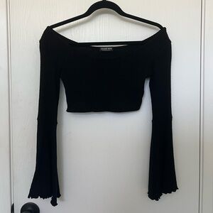 Super Soft Knit Ribbed Off-Shoulder Crop Top With Bell Sleeves, Size M